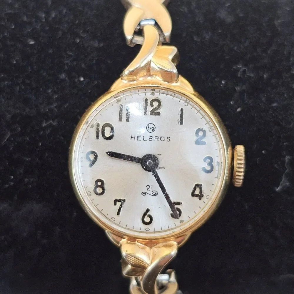 Helbros 21 Jewel Gold Tone Vtg Ladies Watch On 1/30 10k RGP Stretch Band Runs